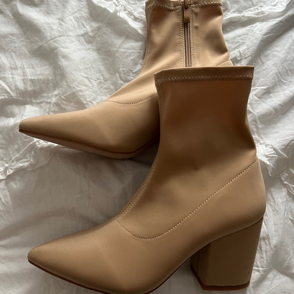 RAID Wide Fit Kinley mid heel sock boots in camel